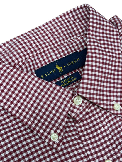 Camisa Polo R.L hombre Algodón Cuadros Vinotinto Caballo Azul