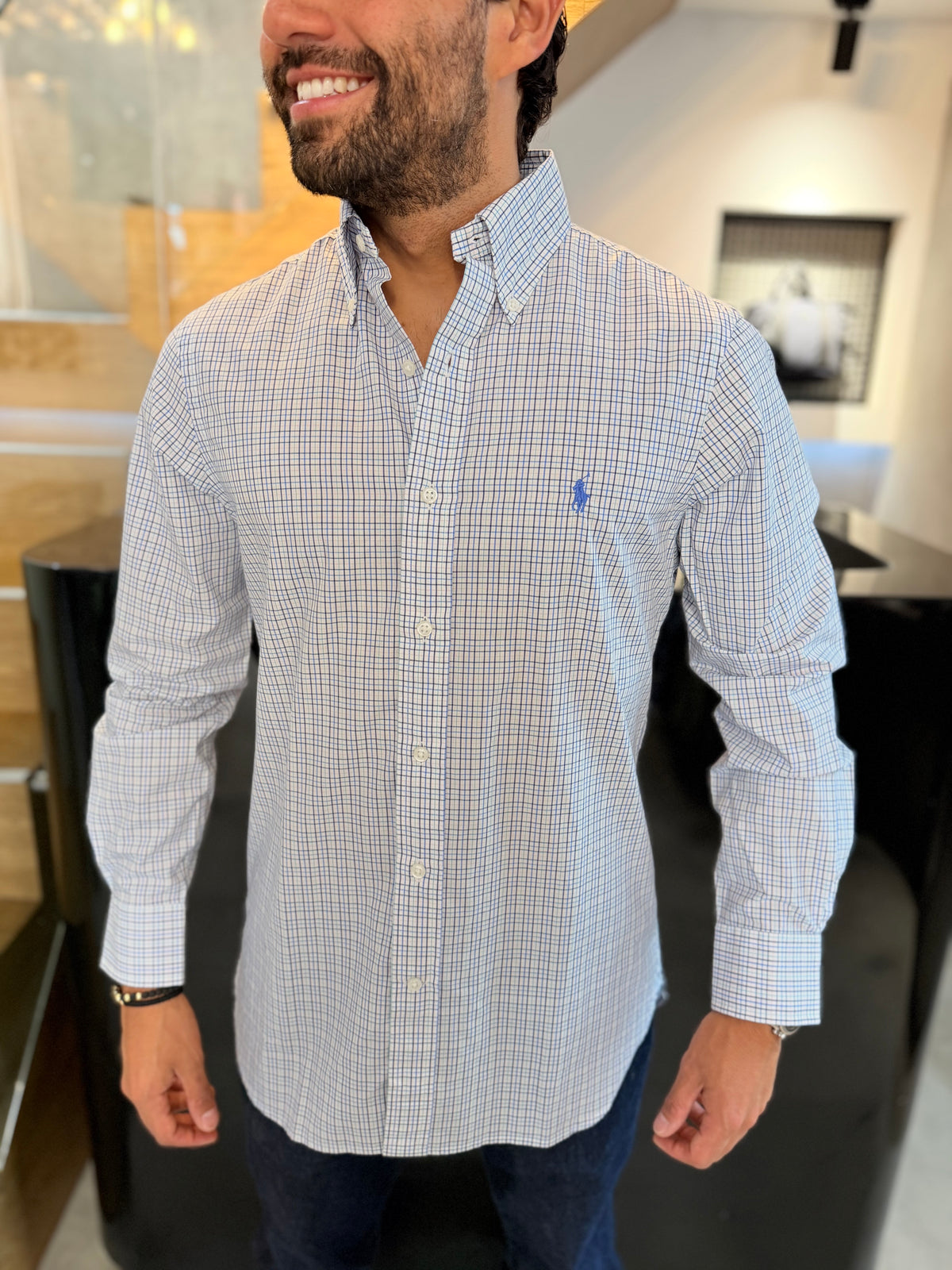 Camisa Polo R.L hombre Algodón Cuadros Blancos Caballo Celeste