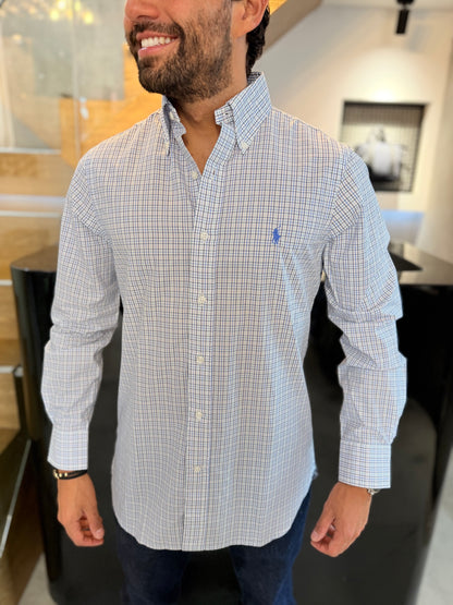 Camisa Polo R.L hombre Algodón Cuadros Blancos Caballo Celeste