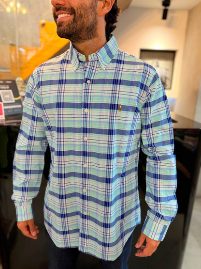 Camisa Polo R.L hombre Oxford Cuadros Agua Marina Caballo Multicolor