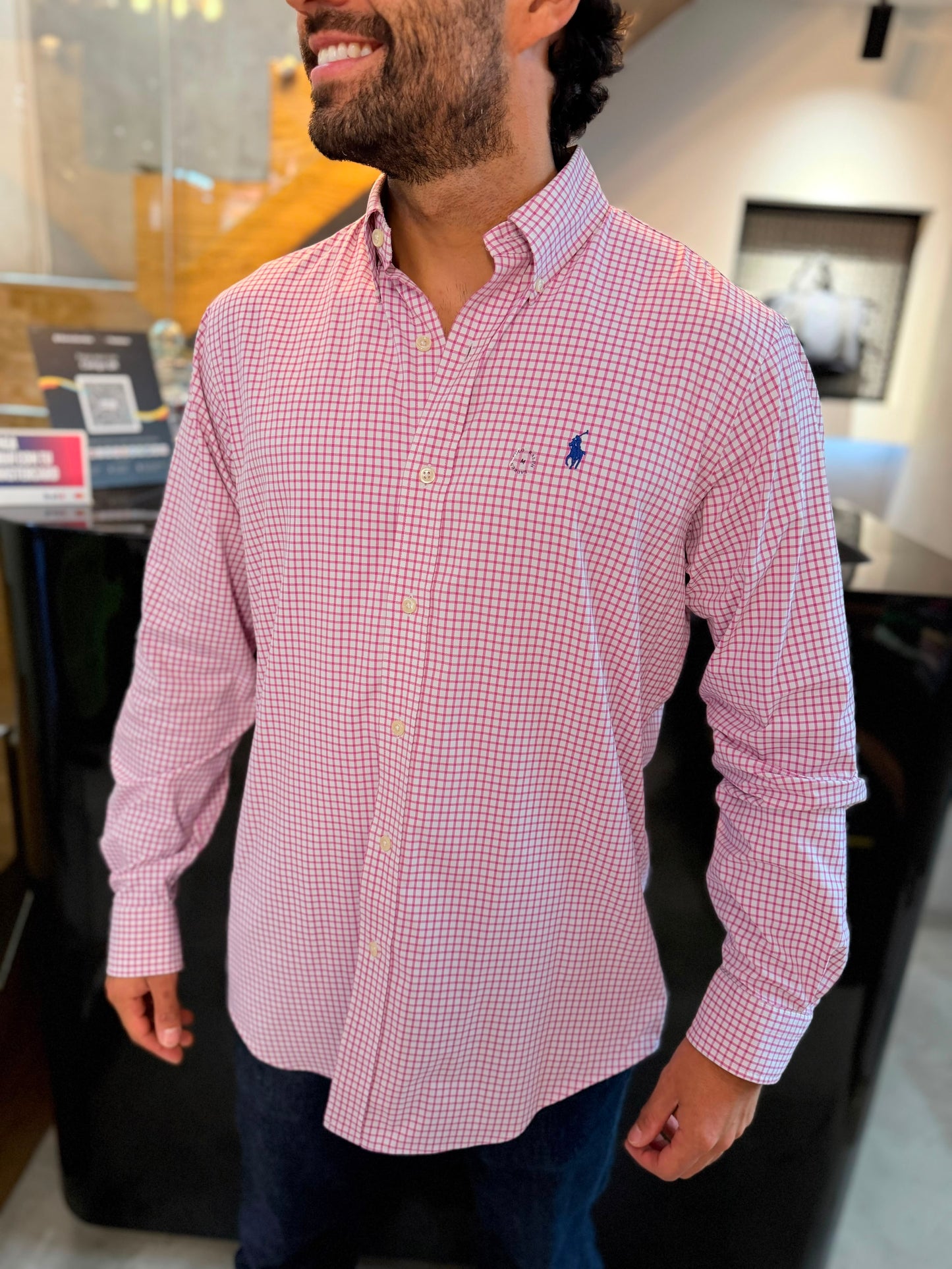 Camisa Polo R.L hombre Algodón Performance Cuadros Blancos Con Rosado Caballo Azul