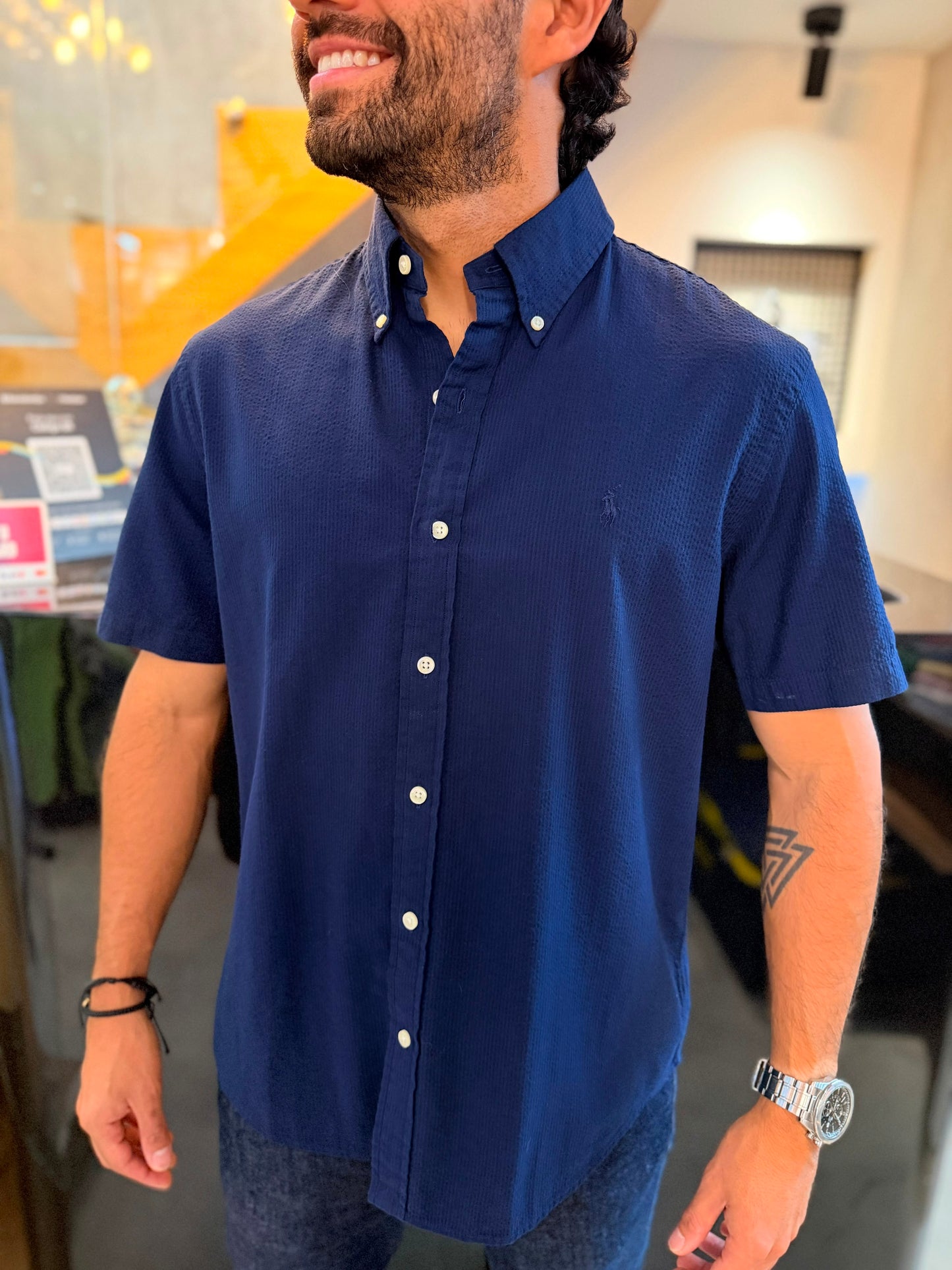 Camisa Polo R.L hombre Manga Corta Galleta Azul Oscura Caballo Azul