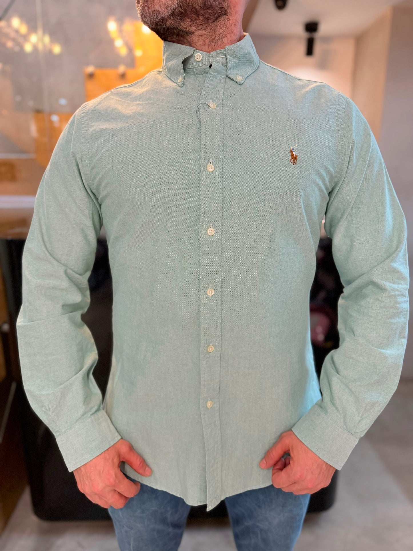Camisa Polo R.L hombre Oxford Slim Fit Verde Pastel Caballo Multicolor