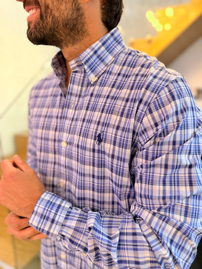 Camisa Polo R.L hombre Algodón Cuadros Azules Con Gris Caballo Azul