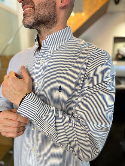 Camisa Polo R.L hombre Algodón Rayas Azules Con Blanco Caballo Azul