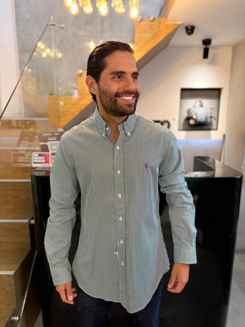 Camisa Polo R.L hombre Custom Fit Algodón Rayas Verdes Con Blanco Caballo Morado