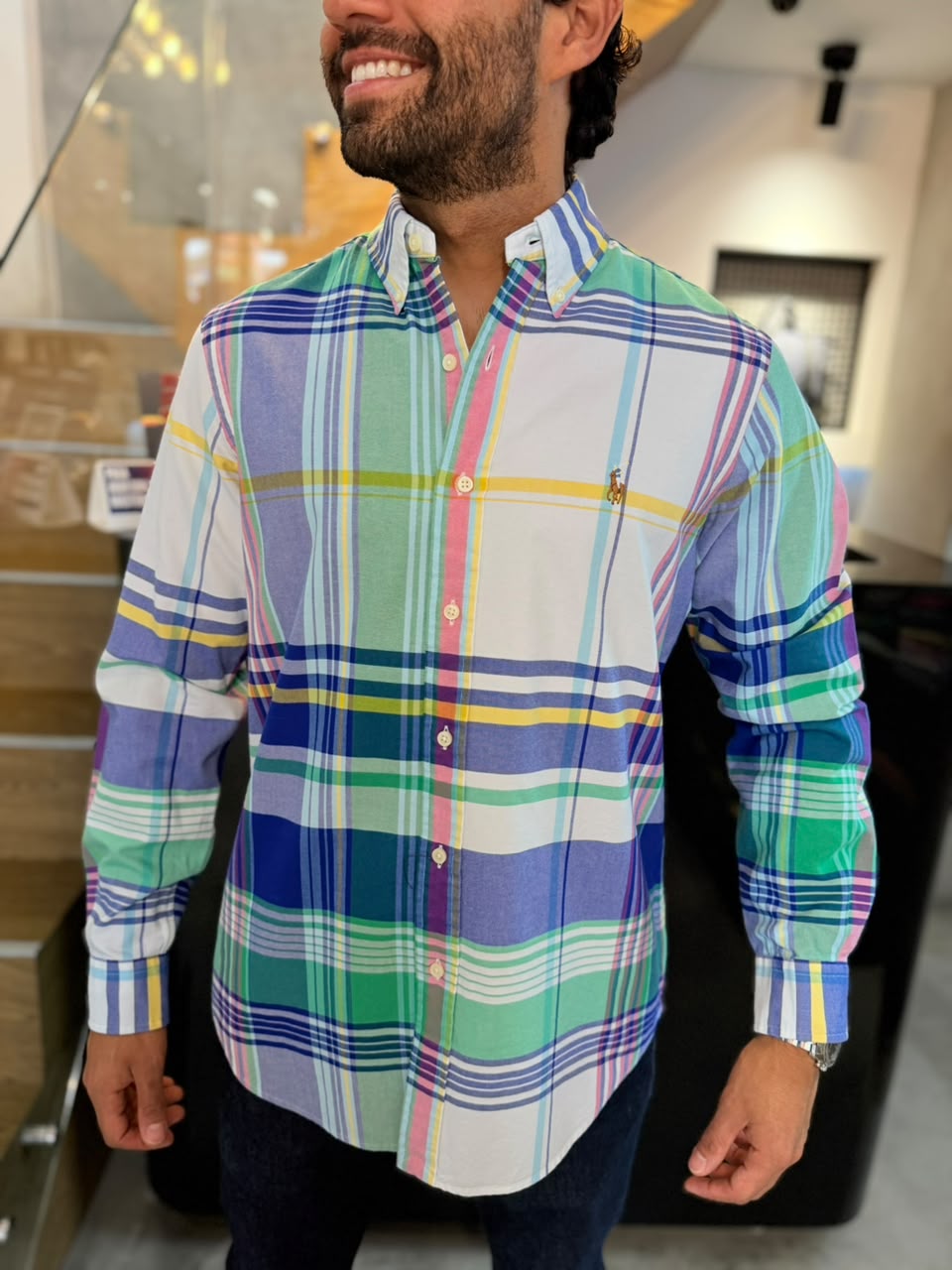 Camisa Polo R.L hombre Oxford Cuadros Colores Caballo Multicolor