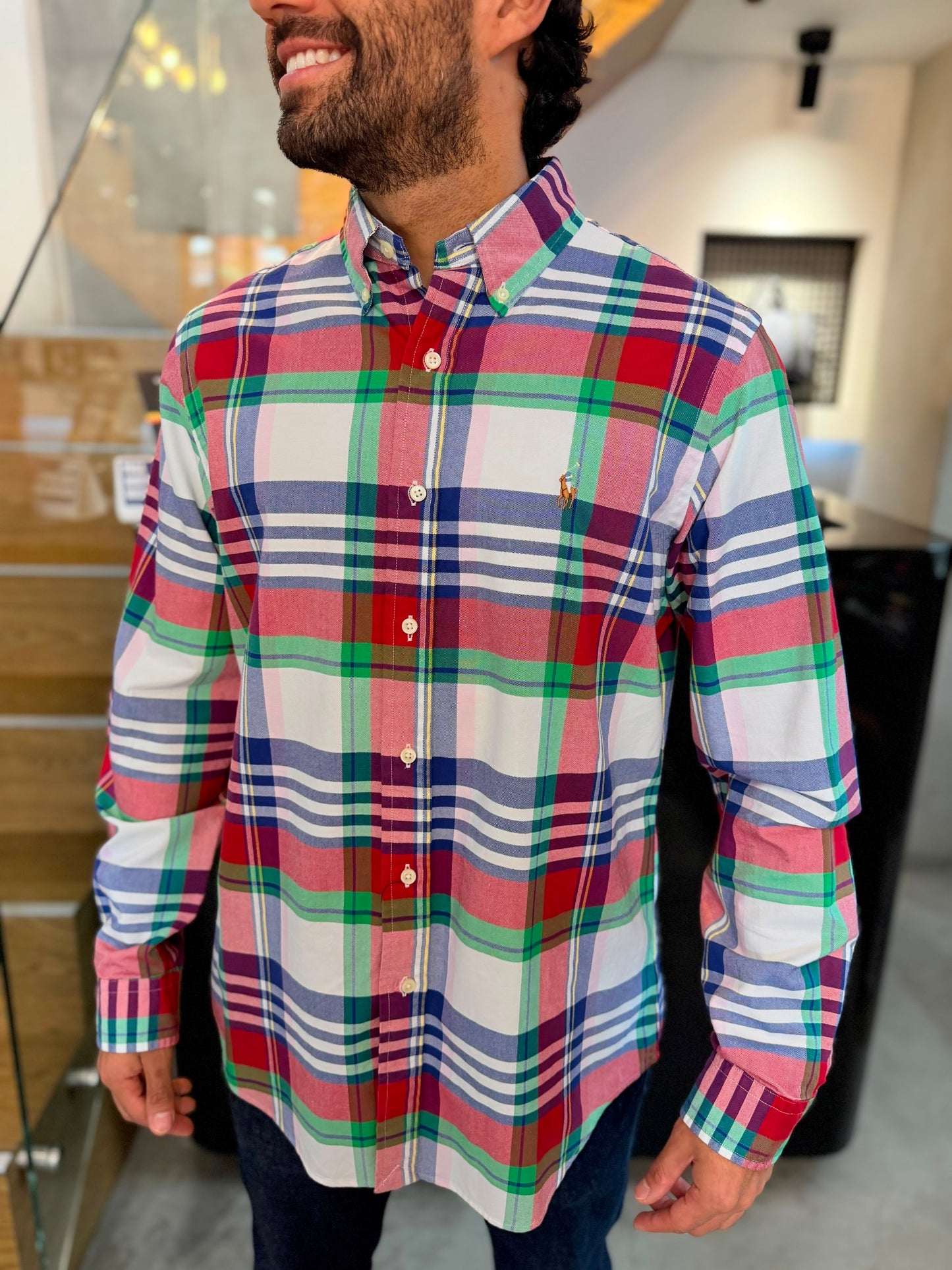Camisa Polo R.L hombre Oxford Cuadros Rojos Caballo Multicolor