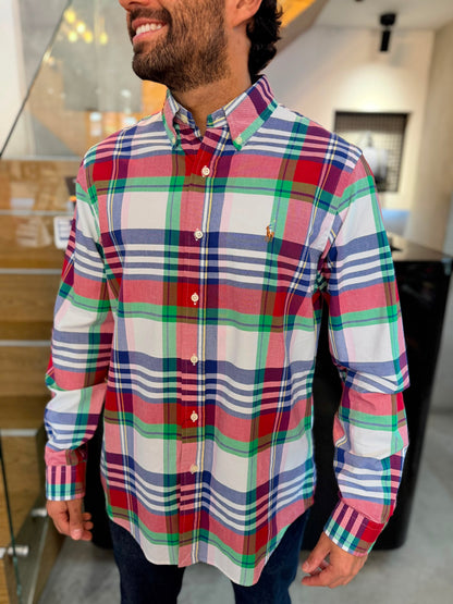 Camisa Polo R.L hombre Oxford Cuadros Rojos Caballo Multicolor