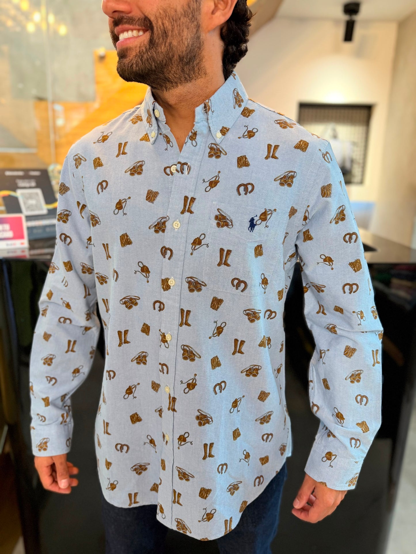 Camisa Polo R.L hombre Oxford Celeste Estampado Bolsillo Caballo Azul