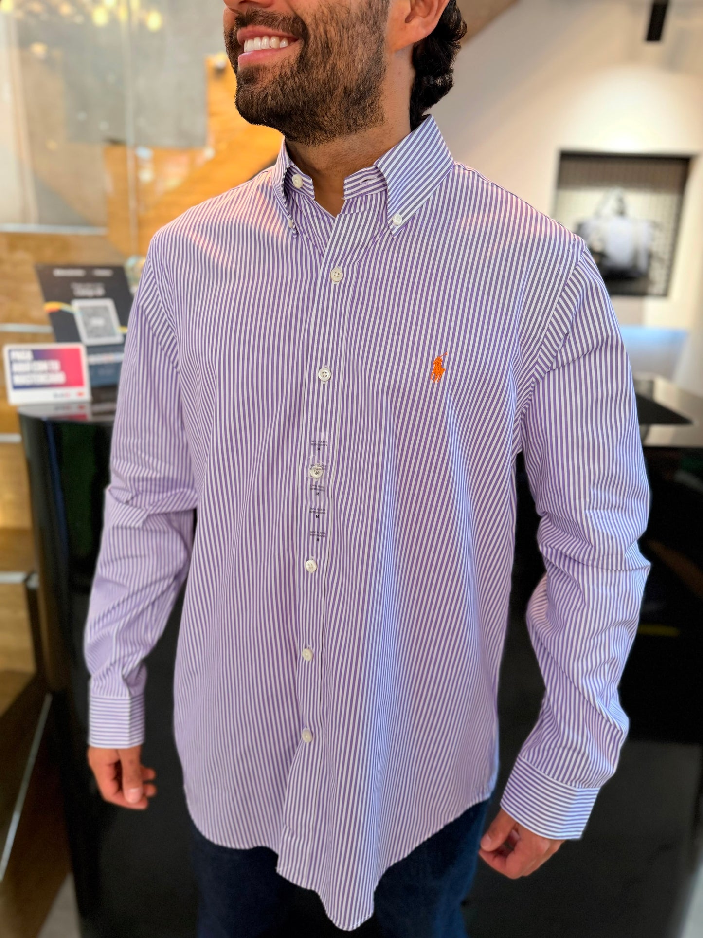 Camisa Polo R.L hombre Algodón Rayas Lilas Con Blanco Caballo Naranja