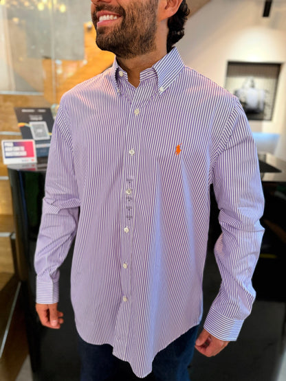 Camisa Polo R.L hombre Algodón Rayas Lilas Con Blanco Caballo Naranja