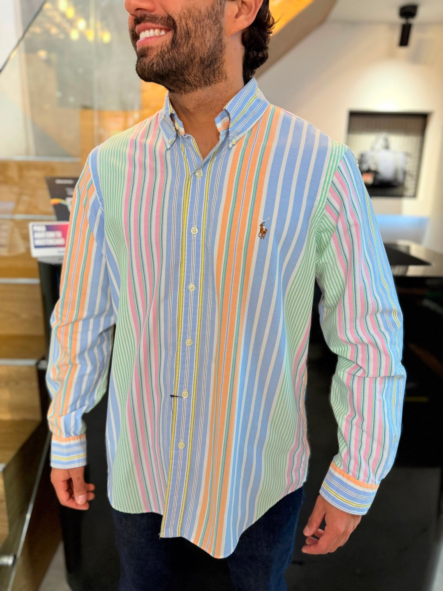 Camisa Polo R.L hombre Oxford Rayas Colores Caballo Multicolor