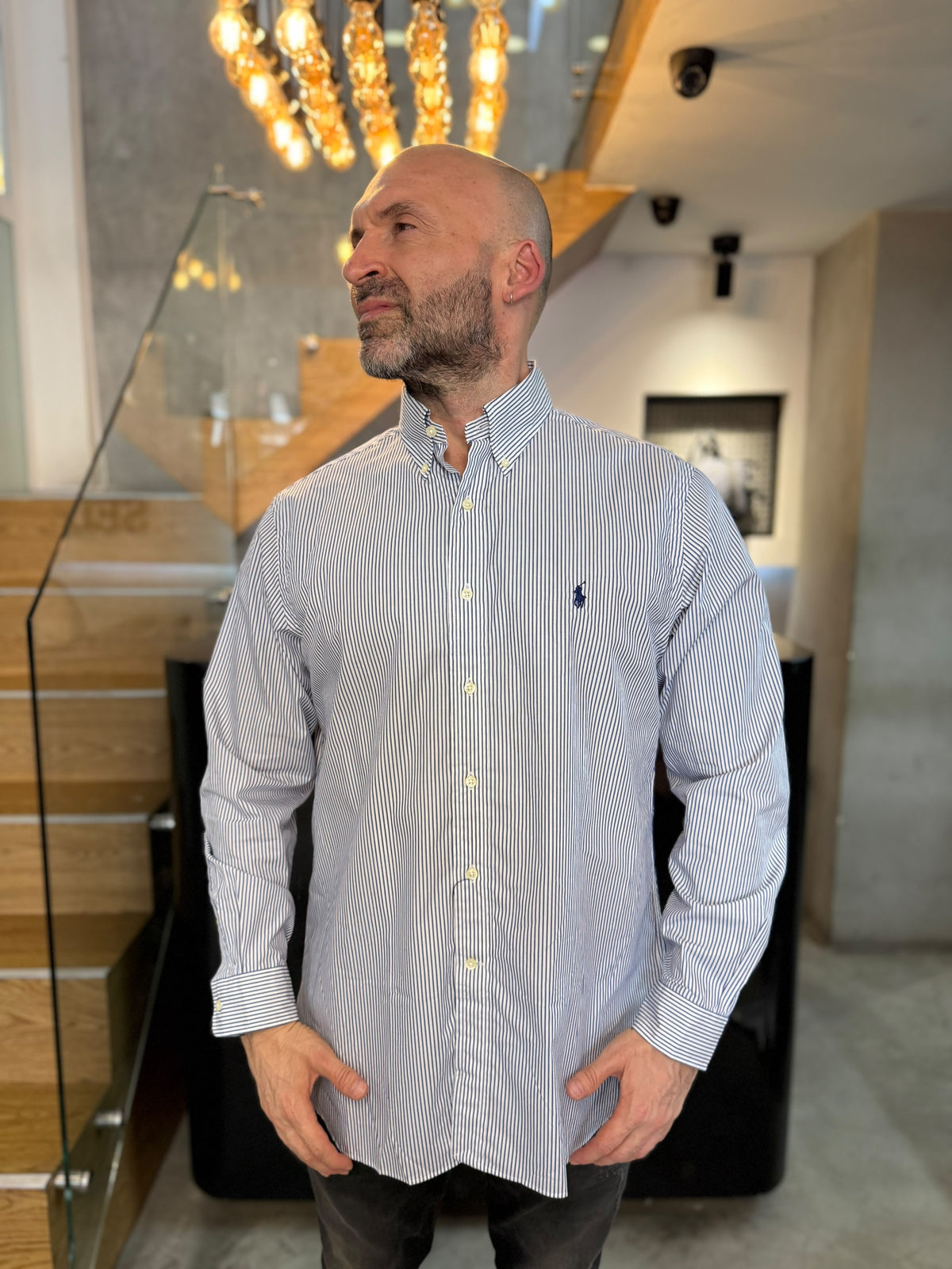 Camisa Polo R.L hombre Algodón Rayas Azules Con Blanco Caballo Azul