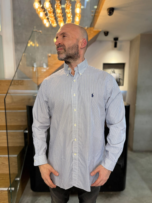 Camisa Polo R.L hombre Algodón Rayas Azules Con Blanco Caballo Azul
