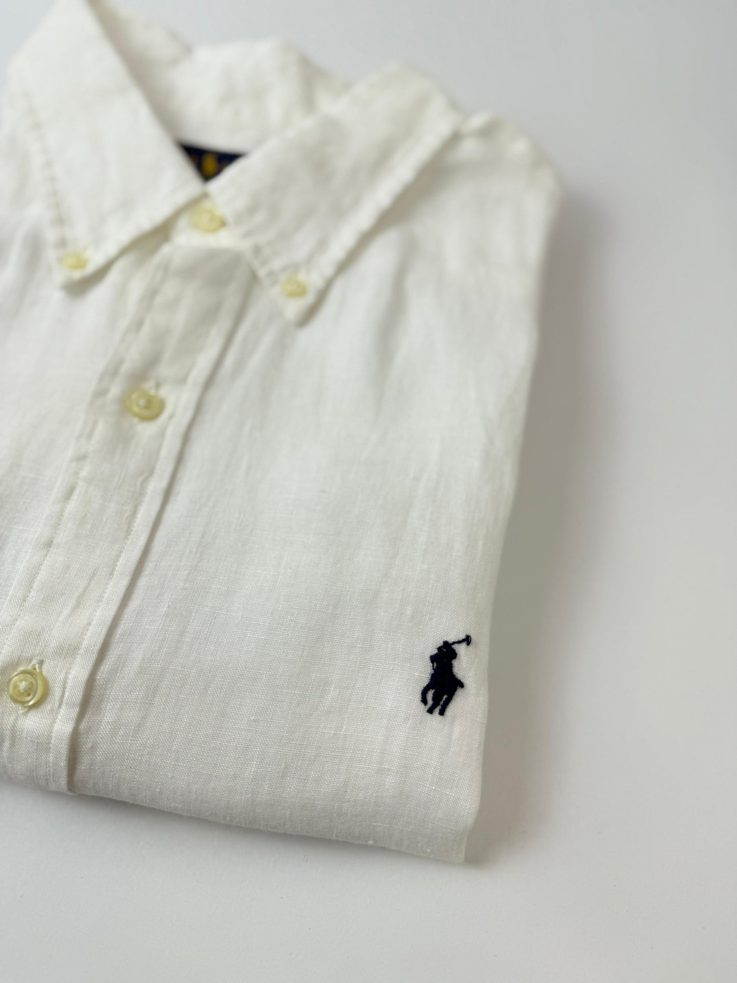 Camisa Polo R.L hombre Lino Blanca Caballo Azul
