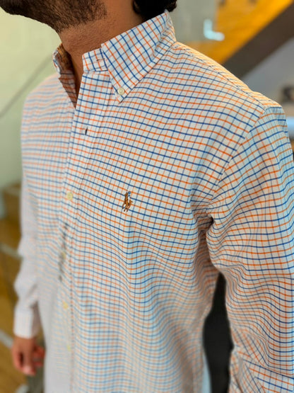 Camisa Polo R.L hombre Oxford Cuadros Blancos con Naranja Caballo Multicolor