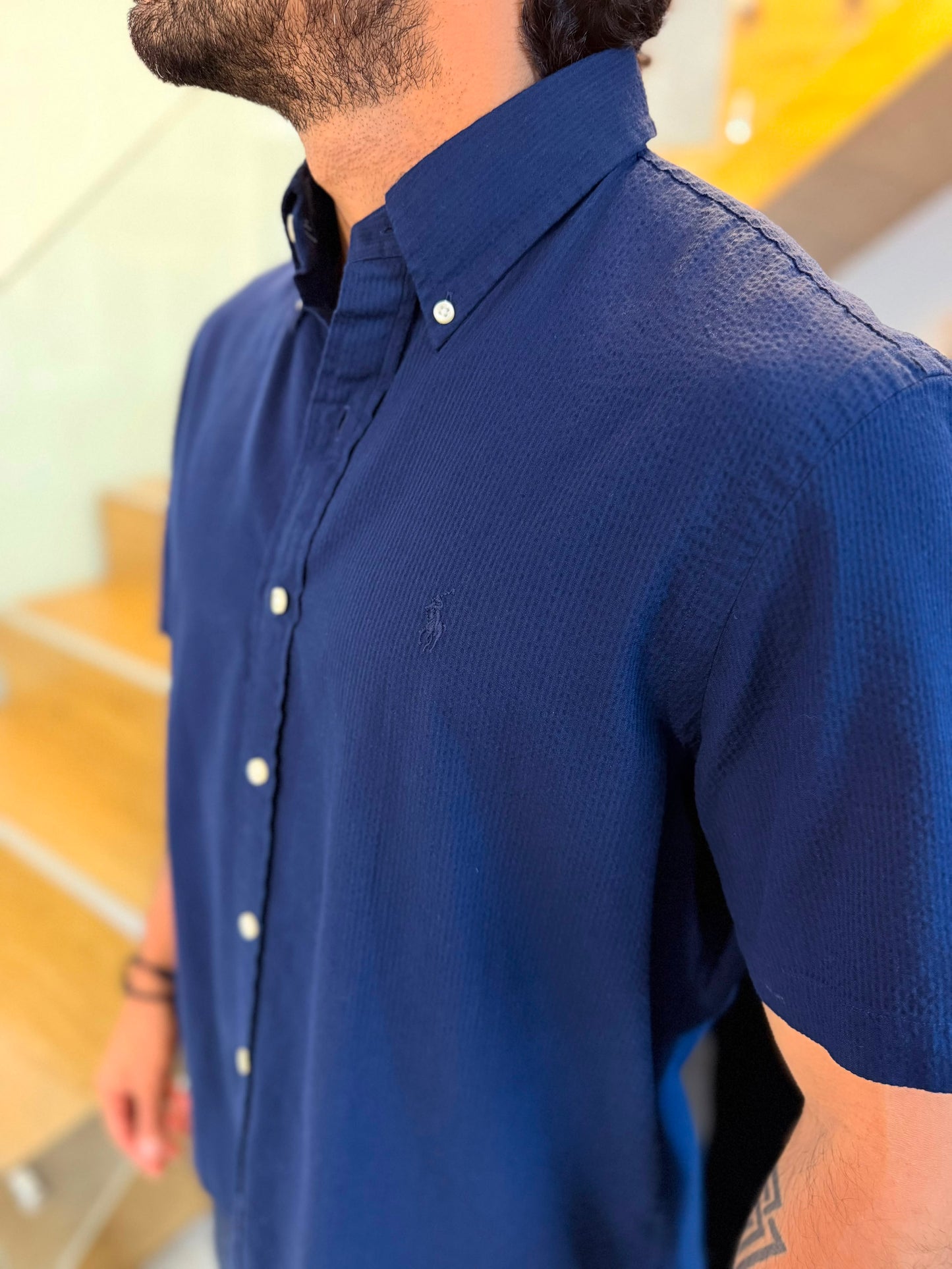 Camisa Polo R.L hombre Manga Corta Galleta Azul Oscura Caballo Azul
