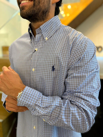 Camisa Polo R.L hombre Algodón Cuadros Azules Con Blanco Caballo Azul