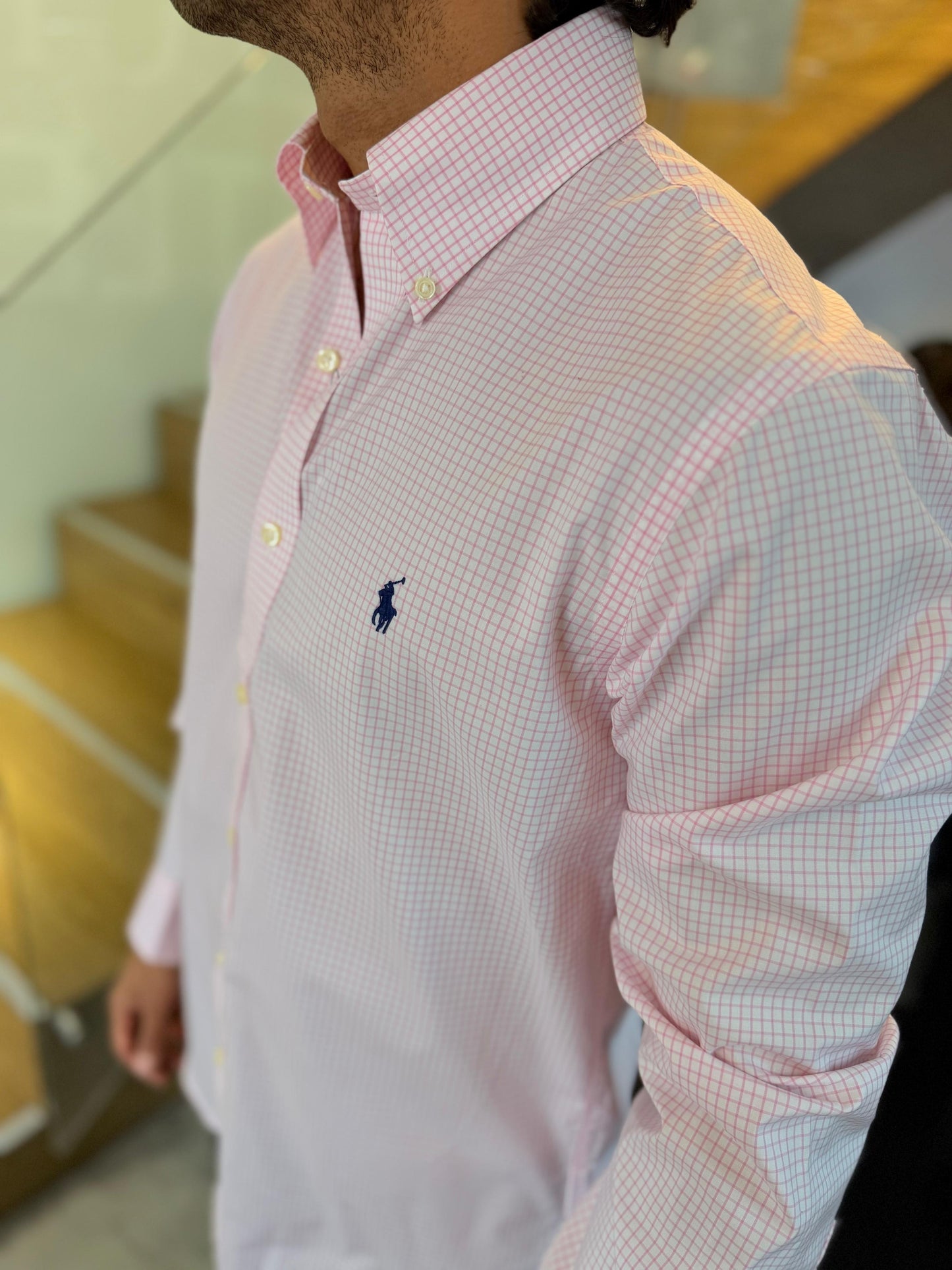 Camisa Polo R.L hombre Algodón Custom Fit Cuadros Rosados Caballo Azul
