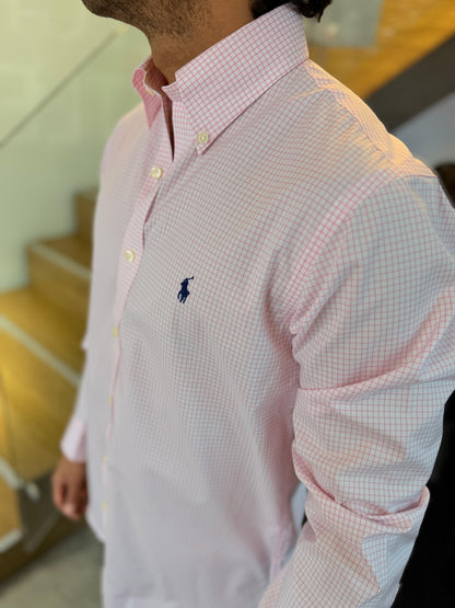 Camisa Polo R.L hombre Algodón Custom Fit Cuadros Rosados Caballo Azul