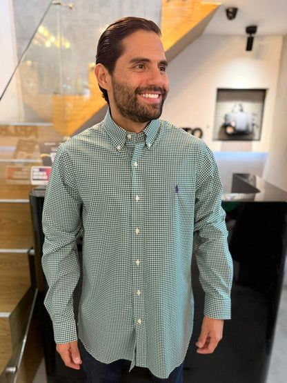 Camisa Polo R.L hombre Algodón Cuadros Verdes Con Blanco Caballo Morado