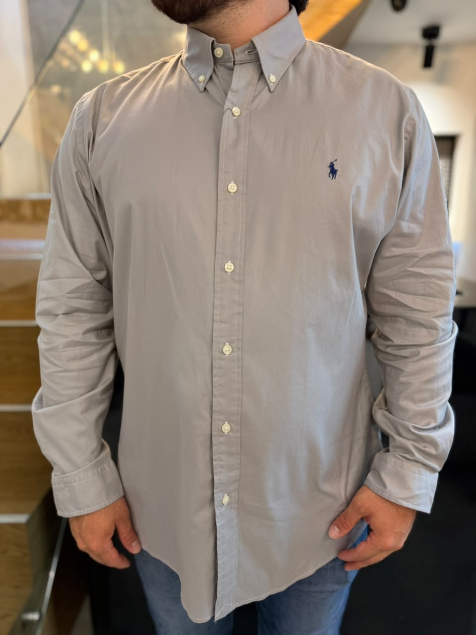 Camisa Polo R.L hombre Algodón Custom Fit Gris Caballo Azul