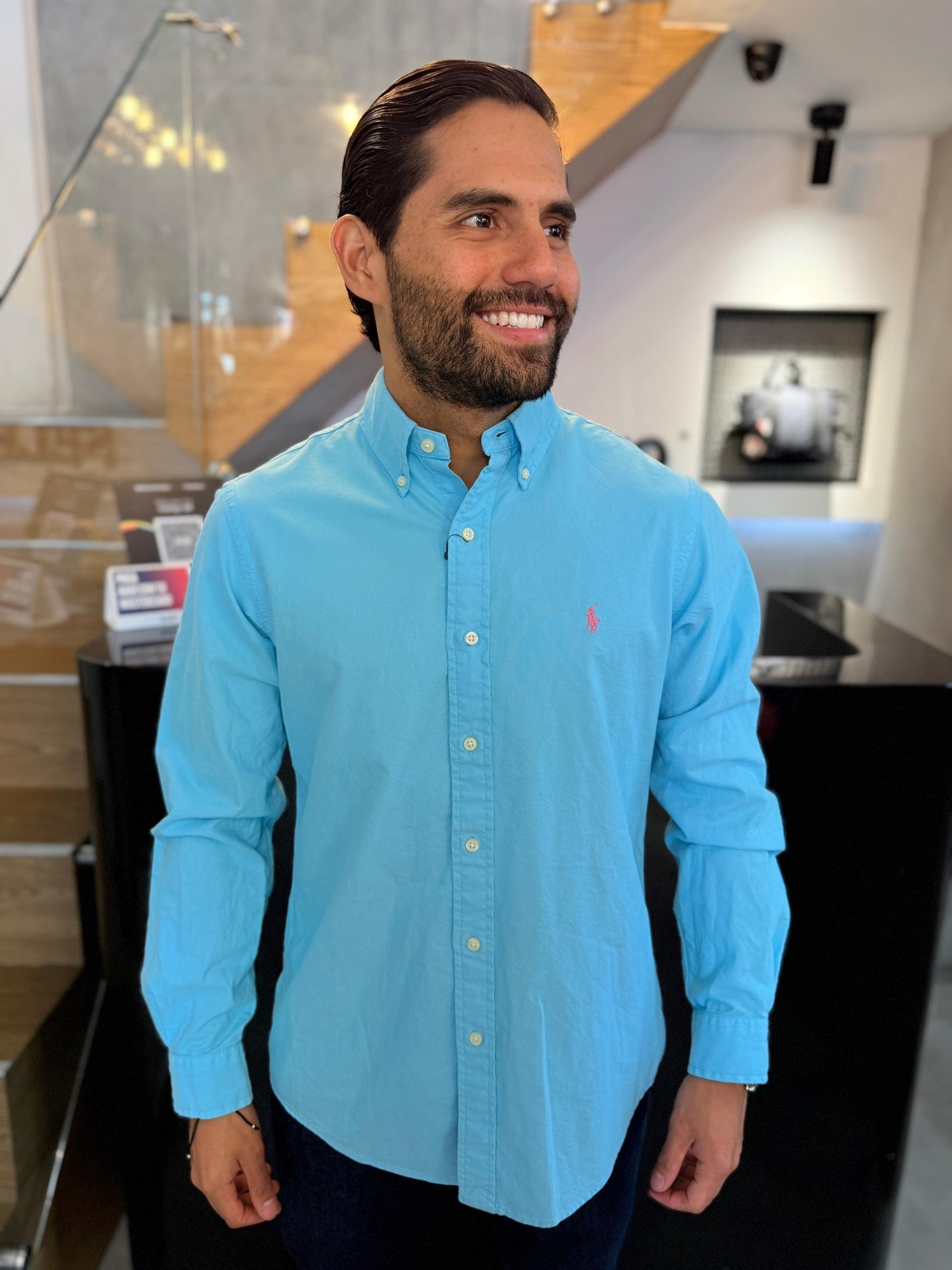 Camisa Polo R.L hombre Oxford Celeste Caballo Rosado