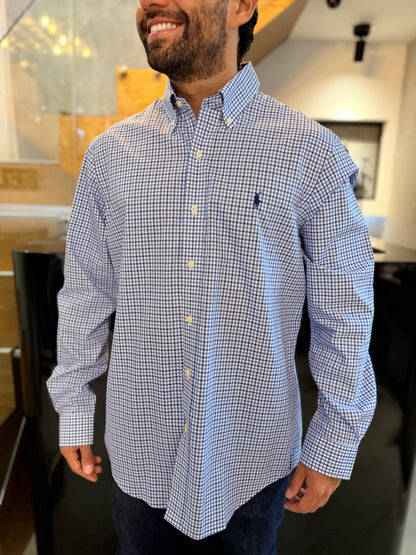 Camisa Polo R.L hombre Algodón Cuadros Azules Con Blanco Caballo Azul