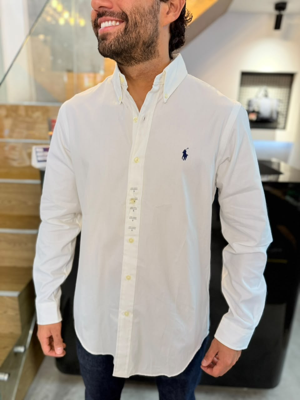 Camisa Polo R.L hombre Algodón Blanca Caballo Azul