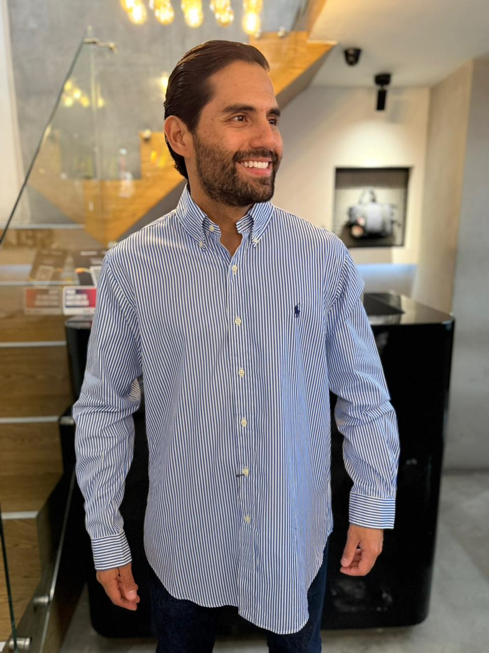 Camisa Polo R.L hombre Algodón Rayas Azules Con Blanco Caballo Azul