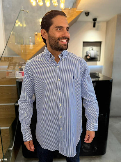 Camisa Polo R.L hombre Algodón Rayas Azules Con Blanco Caballo Azul