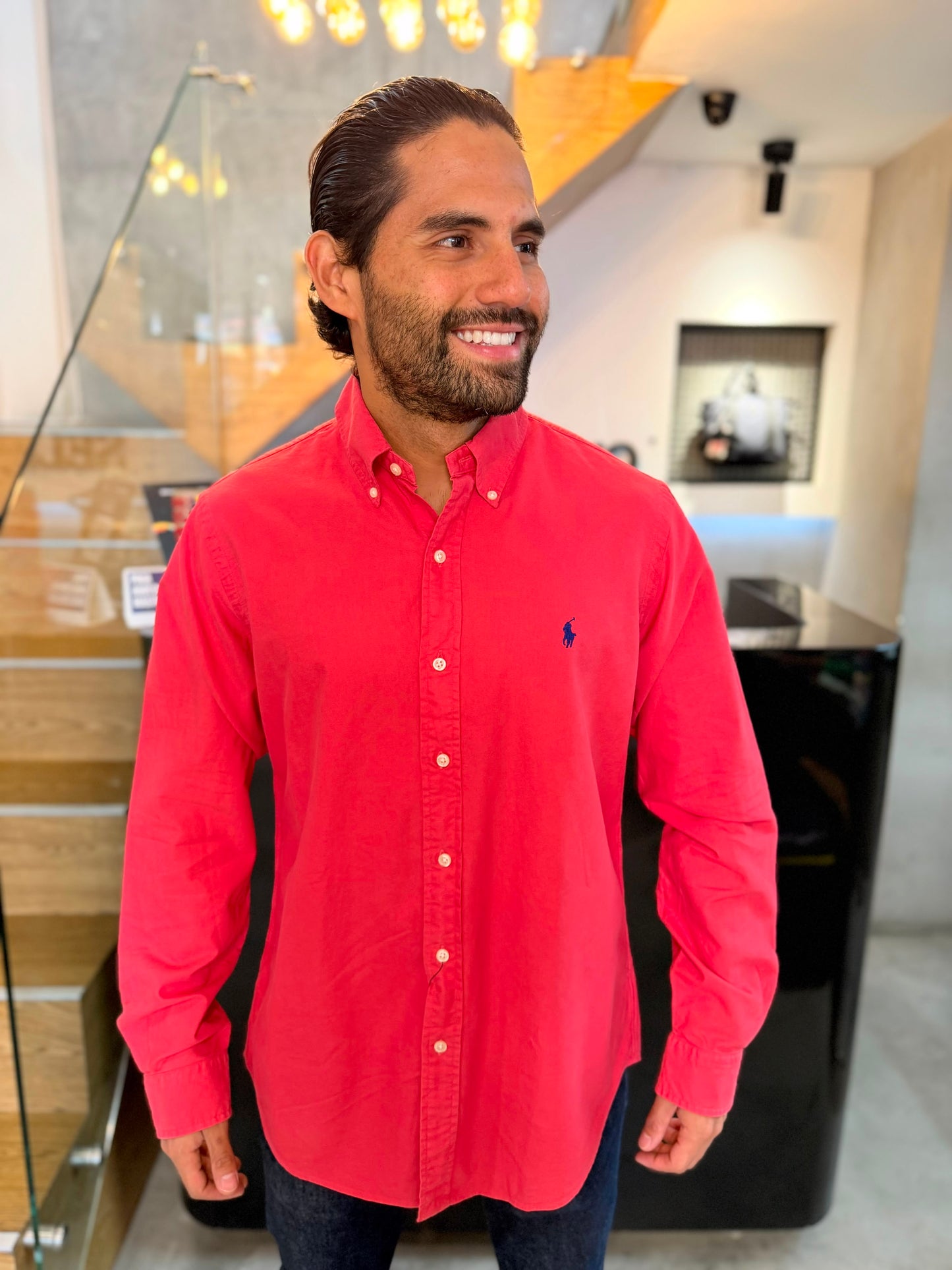 Camisa Polo R.L hombre Oxford Coral Caballo Azul