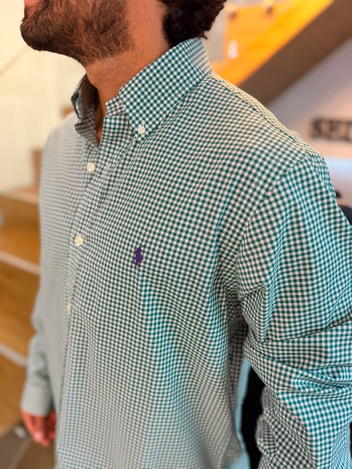 Camisa Polo R.L hombre Algodón Cuadros Verdes Con Blanco Caballo Morado