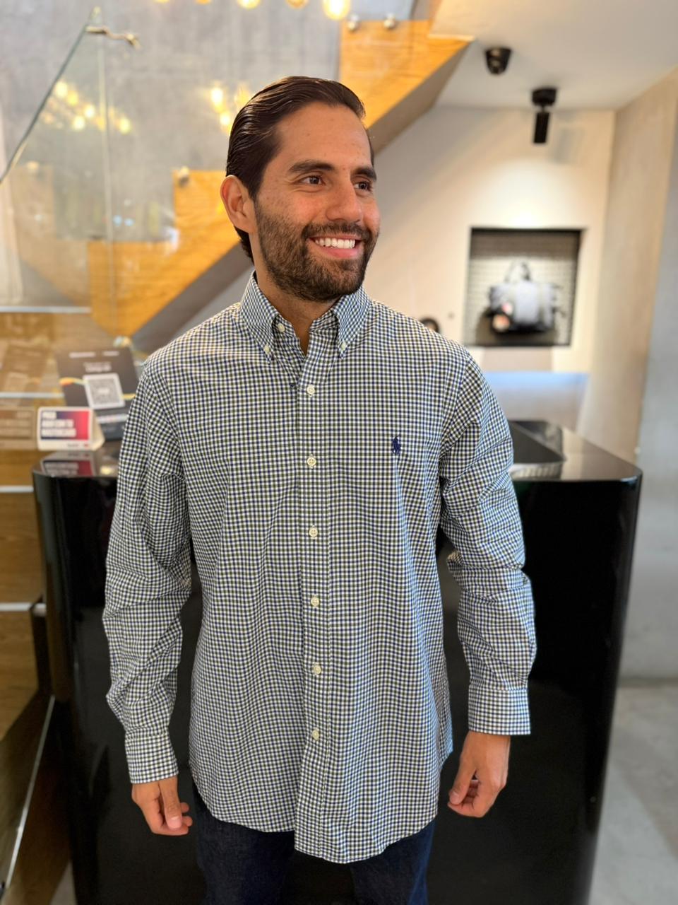 Camisa Polo R.L hombre Algodón Cuadros Verdes Con Azul Caballo Azul