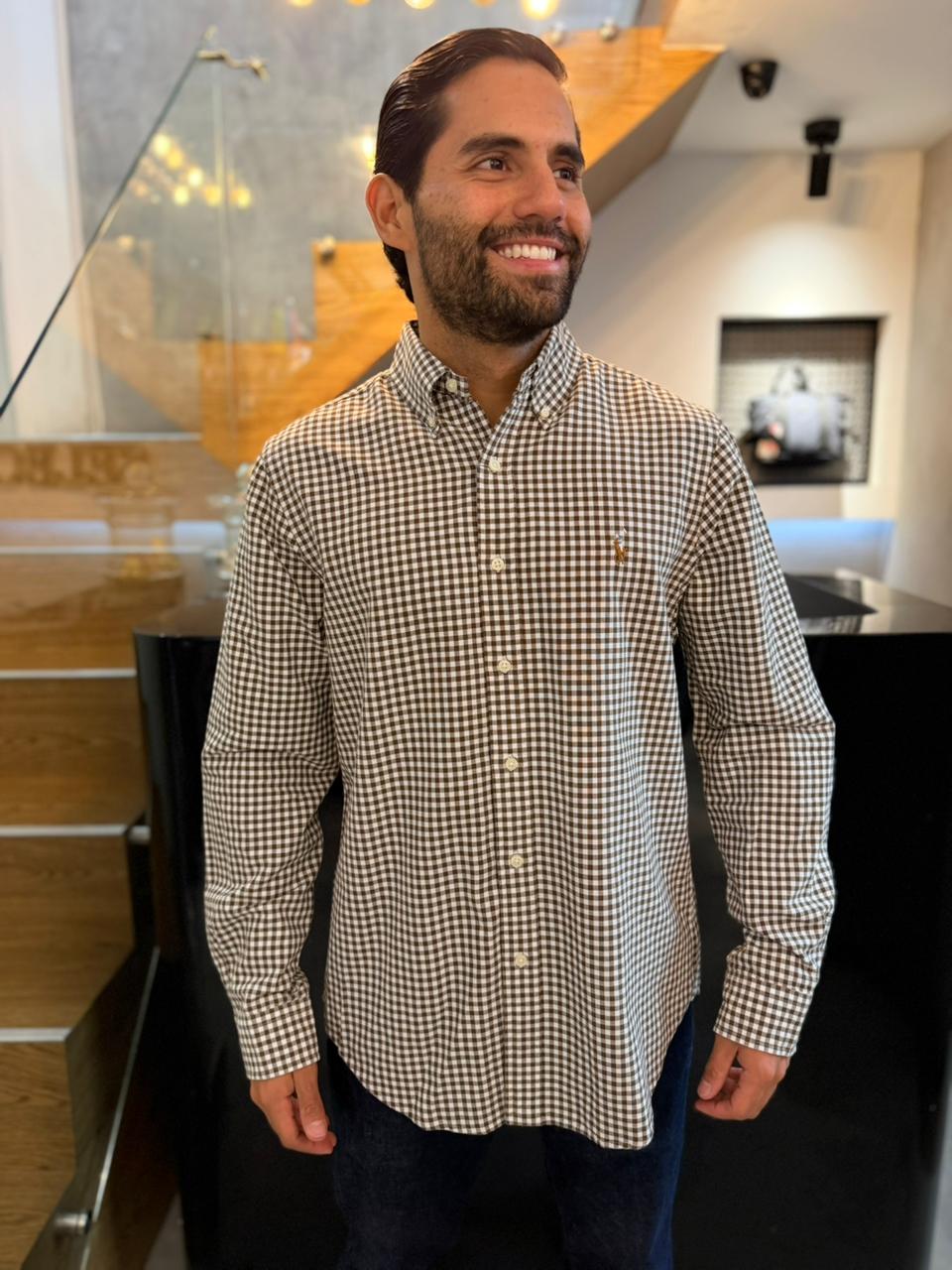 Camisa Polo R.L hombre Oxford Cuadros Cafés Caballo multicolor