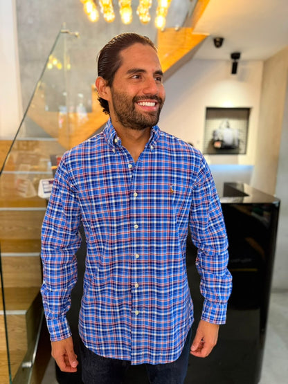 Camisa Polo R.L hombre Oxford Cuadros Azules Con Rojo Caballo Multicolor