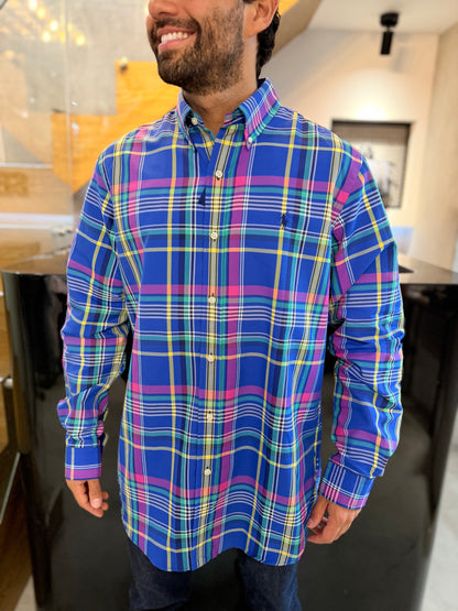 Camisa Polo R.L hombre Algodón Cuadros Azules Con Colores Caballo Azul