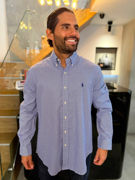 Camisa Polo R.L hombre Algodón Cuadros Uva Con Morado Caballo Azul