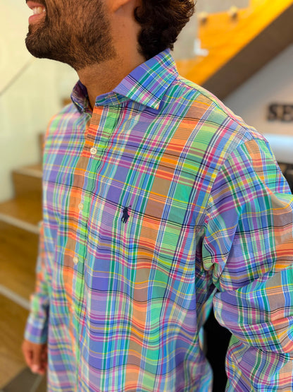 Camisa Polo R.L hombre Algodón Cuadros Colores Caballo Azul