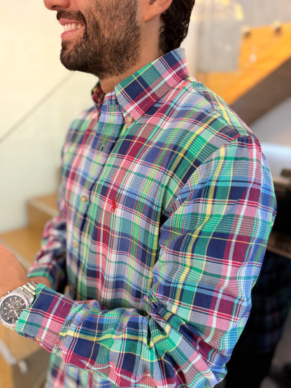 Camisa Polo R.L hombre Algodón Cuadros Rojos Con Verde Caballo Rojo