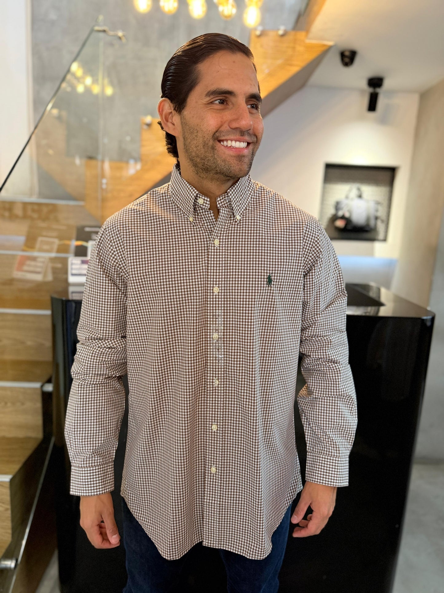 Camisa Polo R.L hombre Algodón Cuadros Cafe Caballo Verde