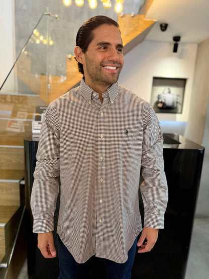 Camisa Polo R.L hombre Algodón Cuadros Cafe Caballo Verde
