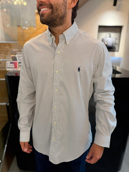 Camisa Polo R.L hombre Custom Fit Algodón Rayas Grises Con Blanco Caballo Azul