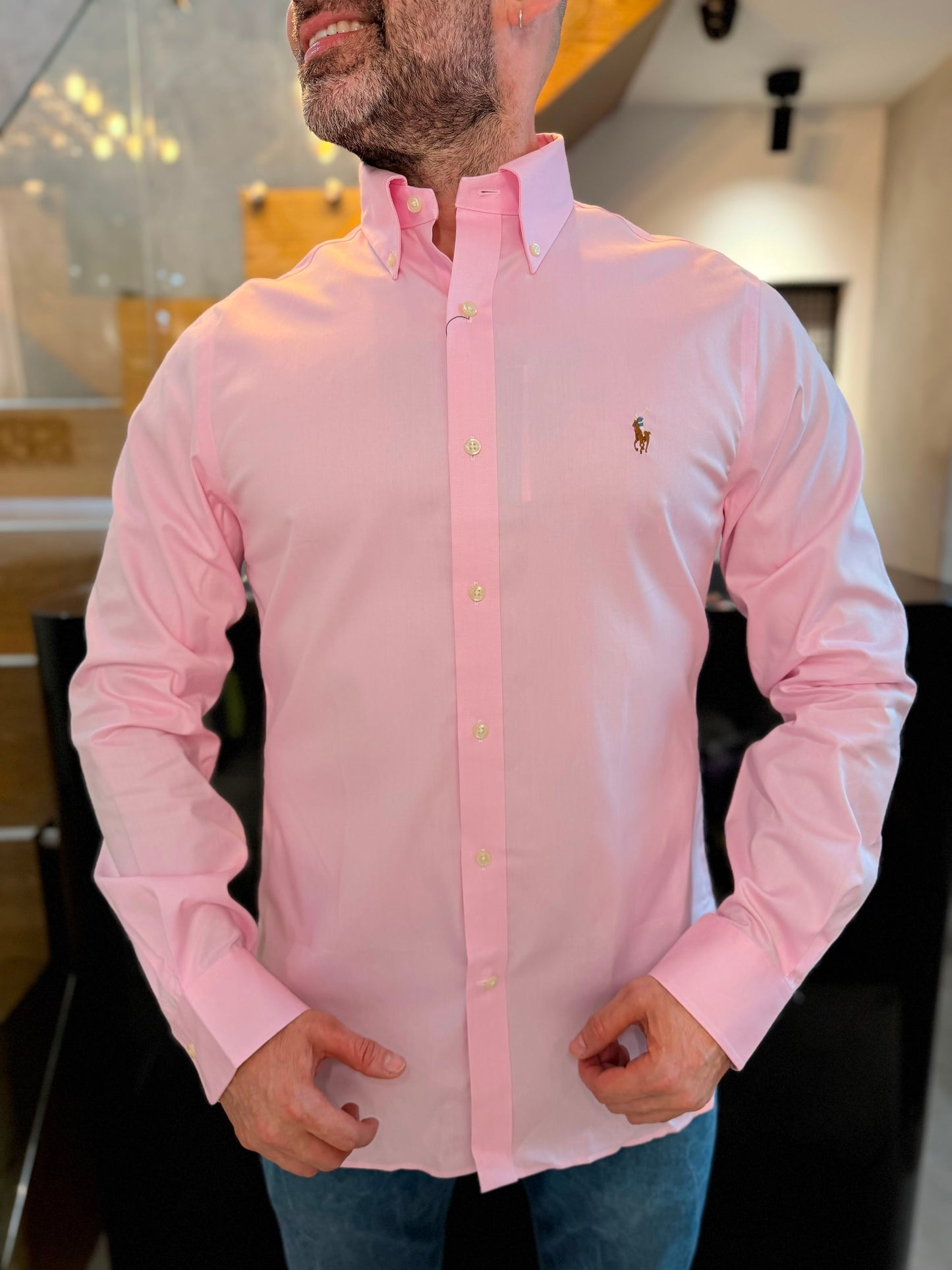 Camisa Polo R.L hombre Algodón Slim Fit Rosada Caballo Multicolor