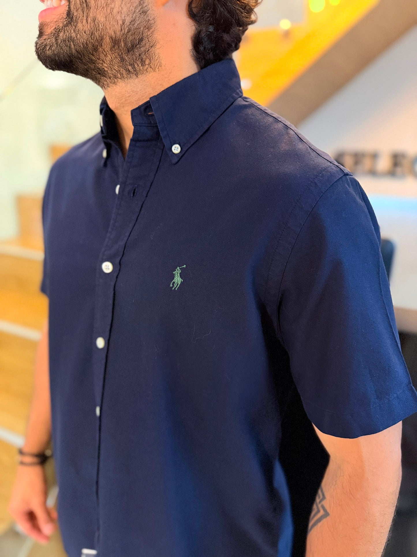 Camisa Polo R.L hombre Oxford Manga Corta Azul Oscura Caballo Verde