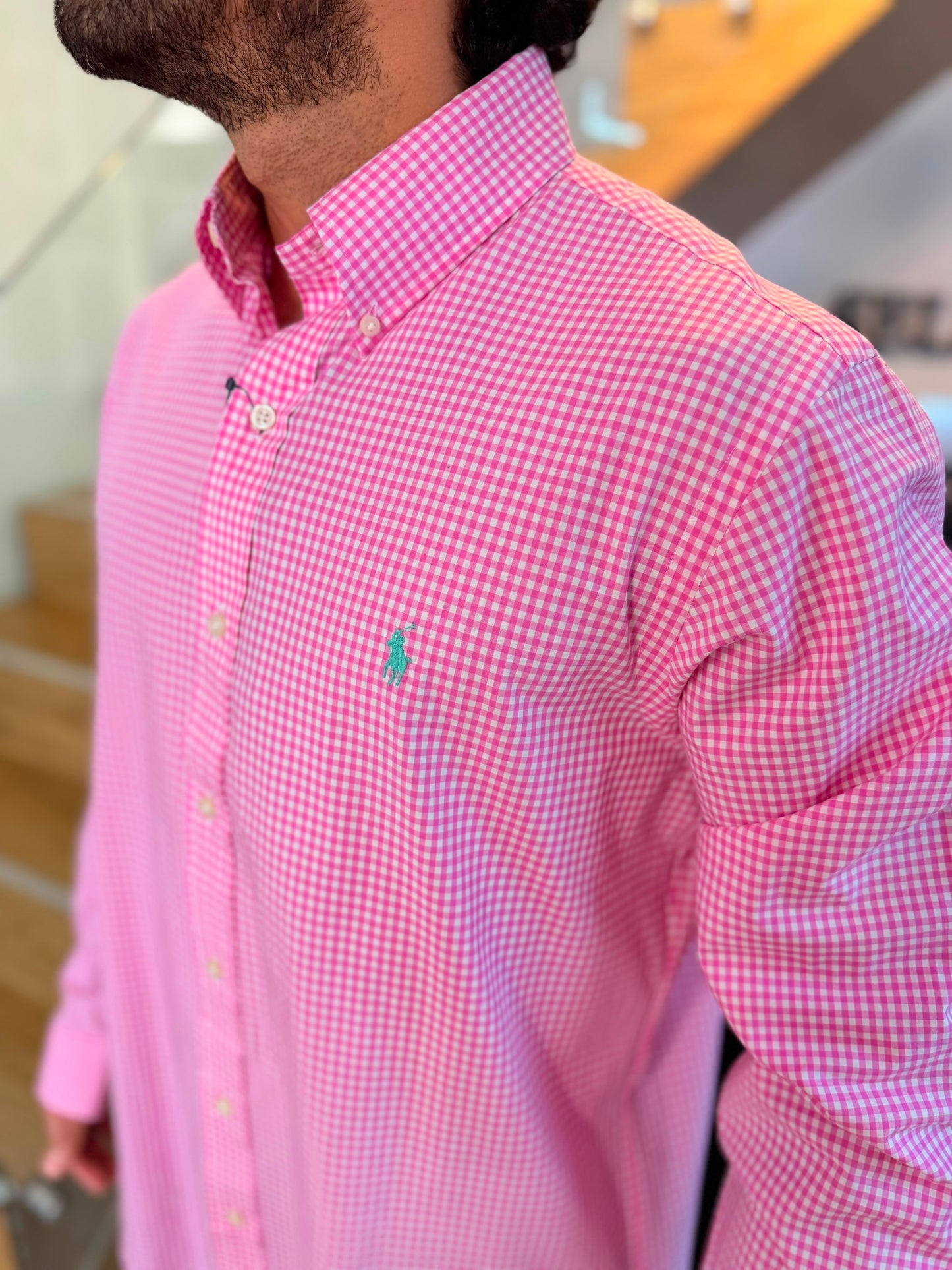 Camisa Polo R.L hombre Algodón Cuadros Rosados Con Blanco Caballo Menta