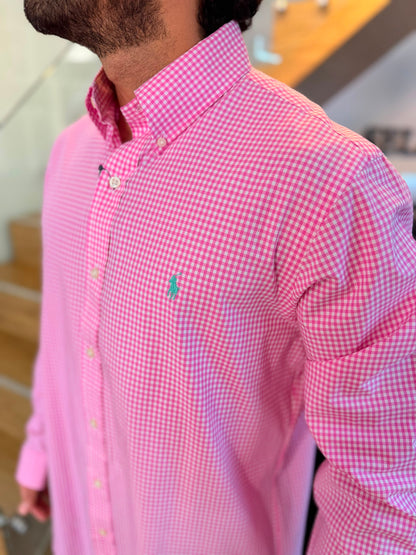 Camisa Polo R.L hombre Algodón Cuadros Rosados Con Blanco Caballo Menta