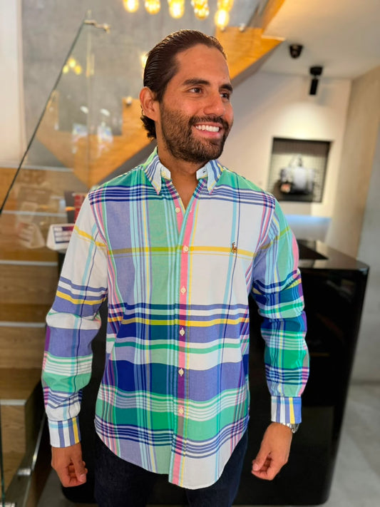Camisa Polo R.L hombre Oxford Cuadros Colores Caballo Multicolor