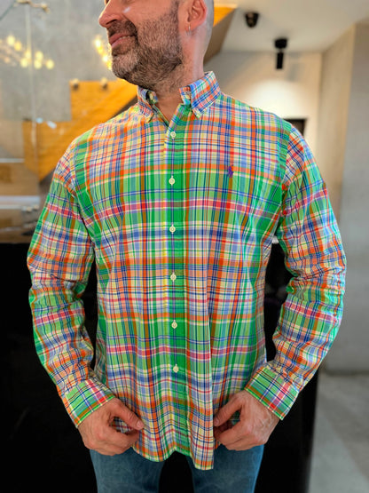 Camisa Polo R.L hombre Algodón Cuadros Naranjas Con Verde Caballo Morado